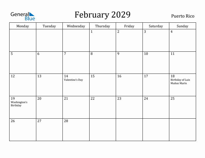 February 2029 Calendar Puerto Rico