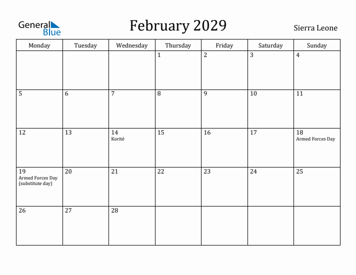February 2029 Calendar Sierra Leone