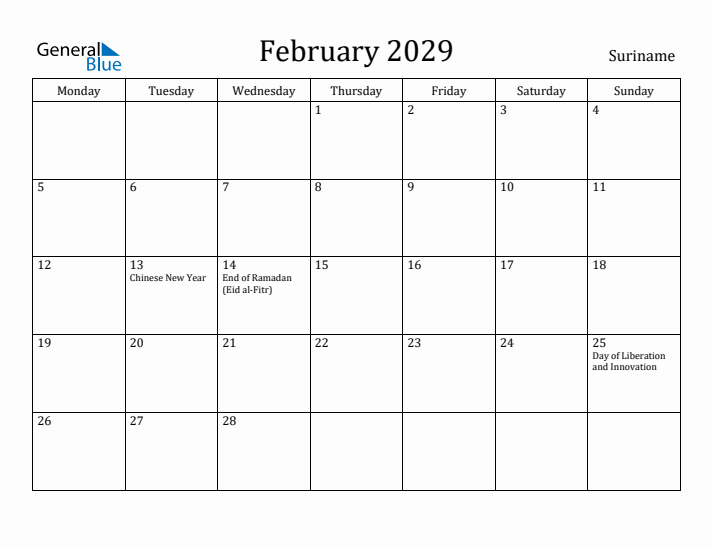 February 2029 Calendar Suriname
