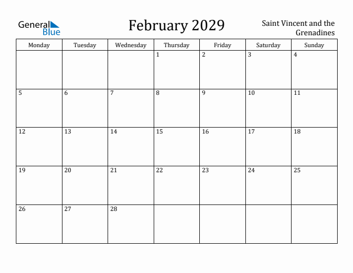 February 2029 Calendar Saint Vincent and the Grenadines