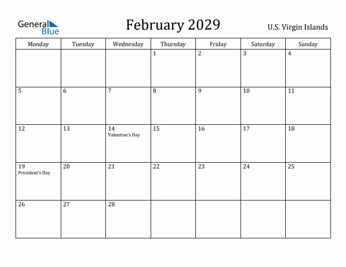 February 2029 Calendar U.S. Virgin Islands