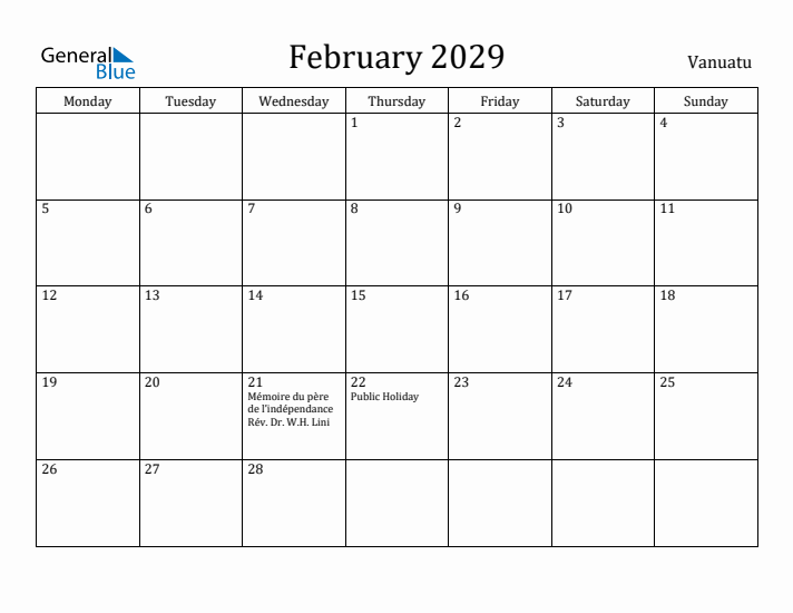 February 2029 Calendar Vanuatu