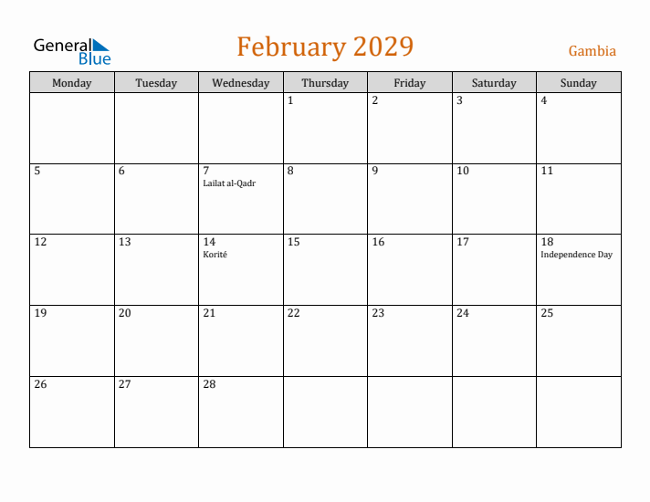 February 2029 Holiday Calendar with Monday Start