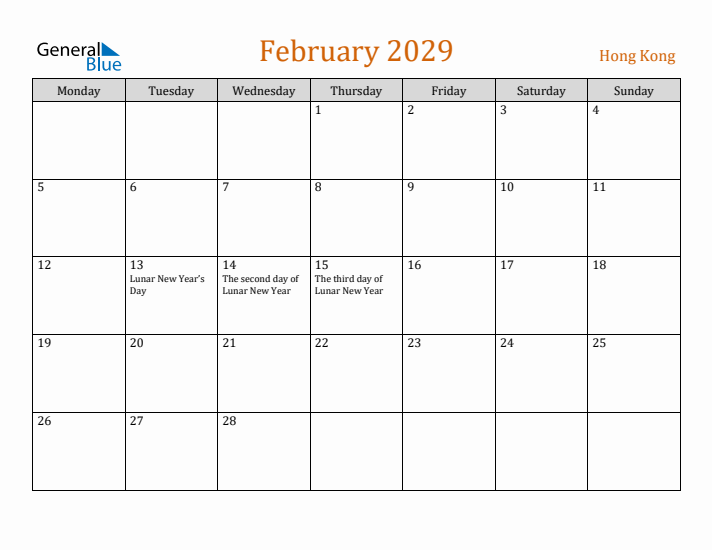 February 2029 Holiday Calendar with Monday Start