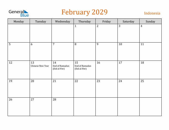 February 2029 Holiday Calendar with Monday Start