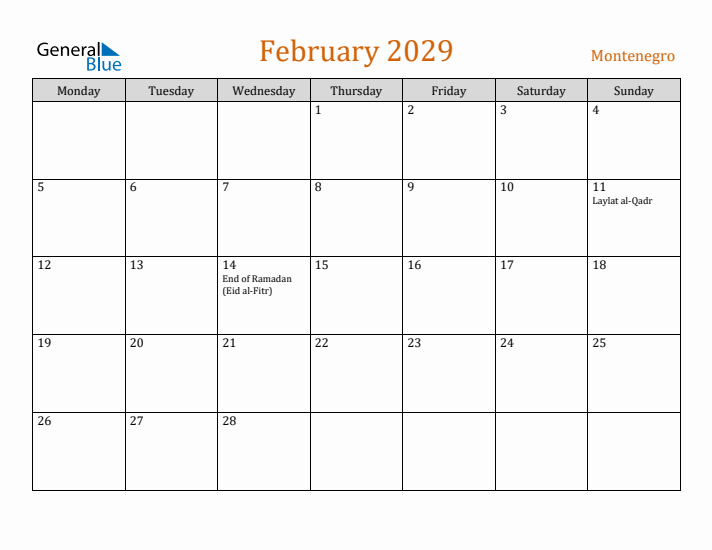 February 2029 Holiday Calendar with Monday Start