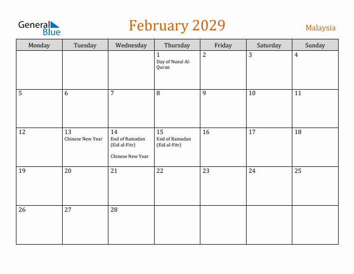 February 2029 Holiday Calendar with Monday Start