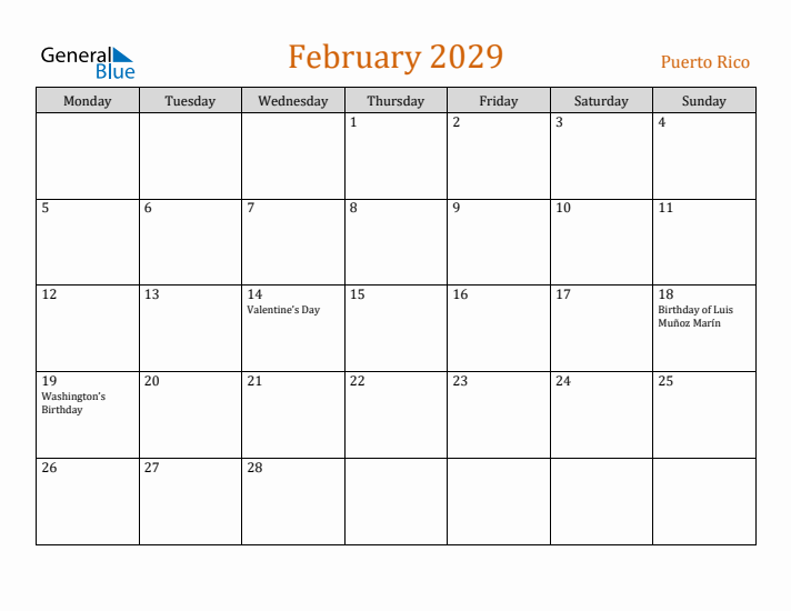 February 2029 Holiday Calendar with Monday Start
