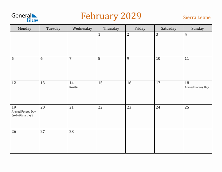 February 2029 Holiday Calendar with Monday Start