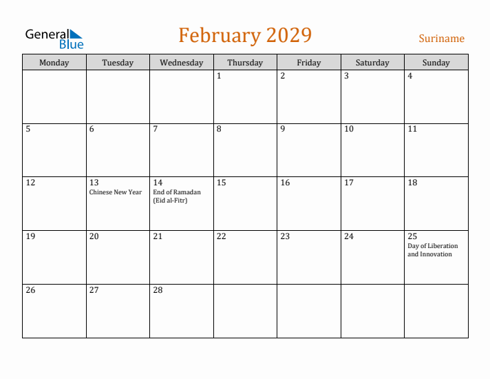 February 2029 Holiday Calendar with Monday Start