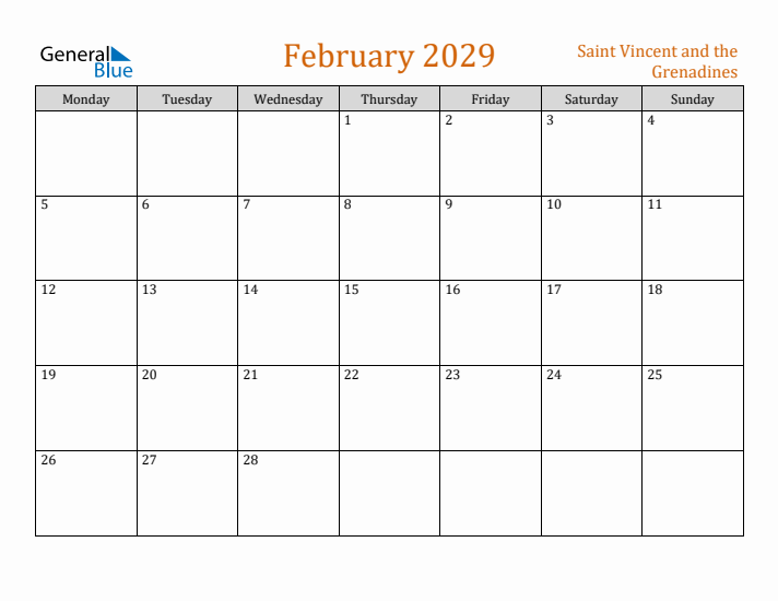 February 2029 Holiday Calendar with Monday Start