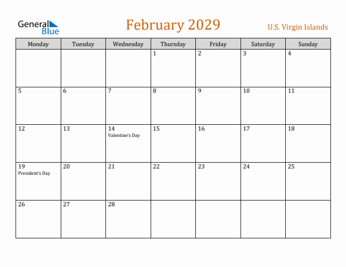 February 2029 Holiday Calendar with Monday Start