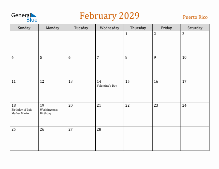 February 2029 Holiday Calendar with Sunday Start