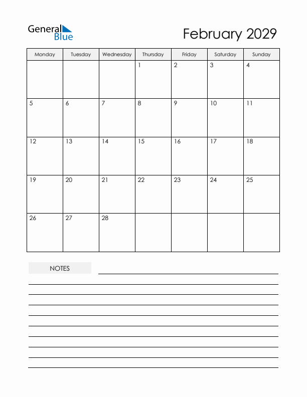 Printable Calendar with Notes - February 2029 