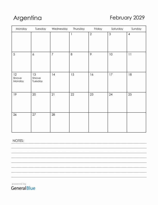 February 2029 Argentina Calendar with Holidays (Monday Start)