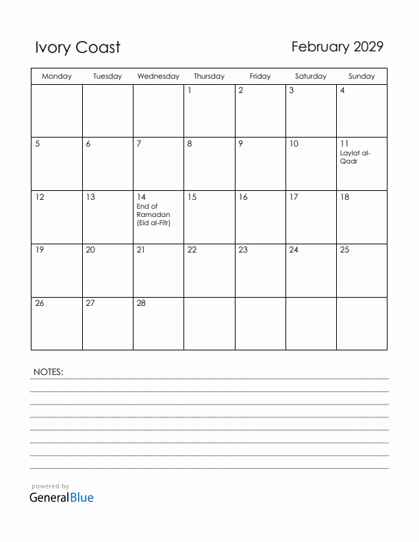 February 2029 Ivory Coast Calendar with Holidays (Monday Start)