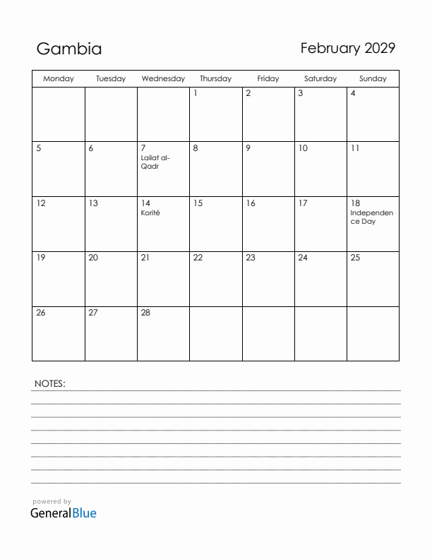 February 2029 Gambia Calendar with Holidays (Monday Start)