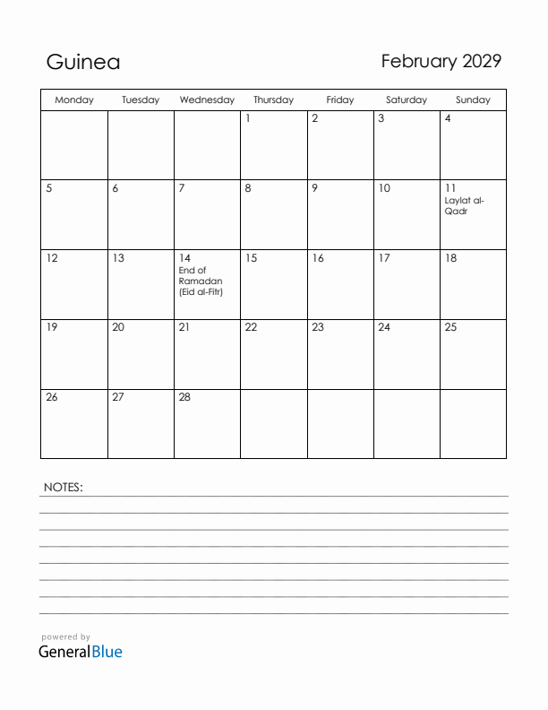 February 2029 Guinea Calendar with Holidays (Monday Start)