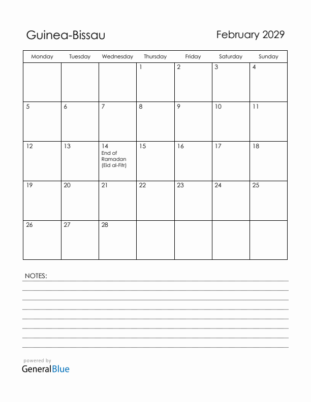 February 2029 Guinea-Bissau Calendar with Holidays (Monday Start)