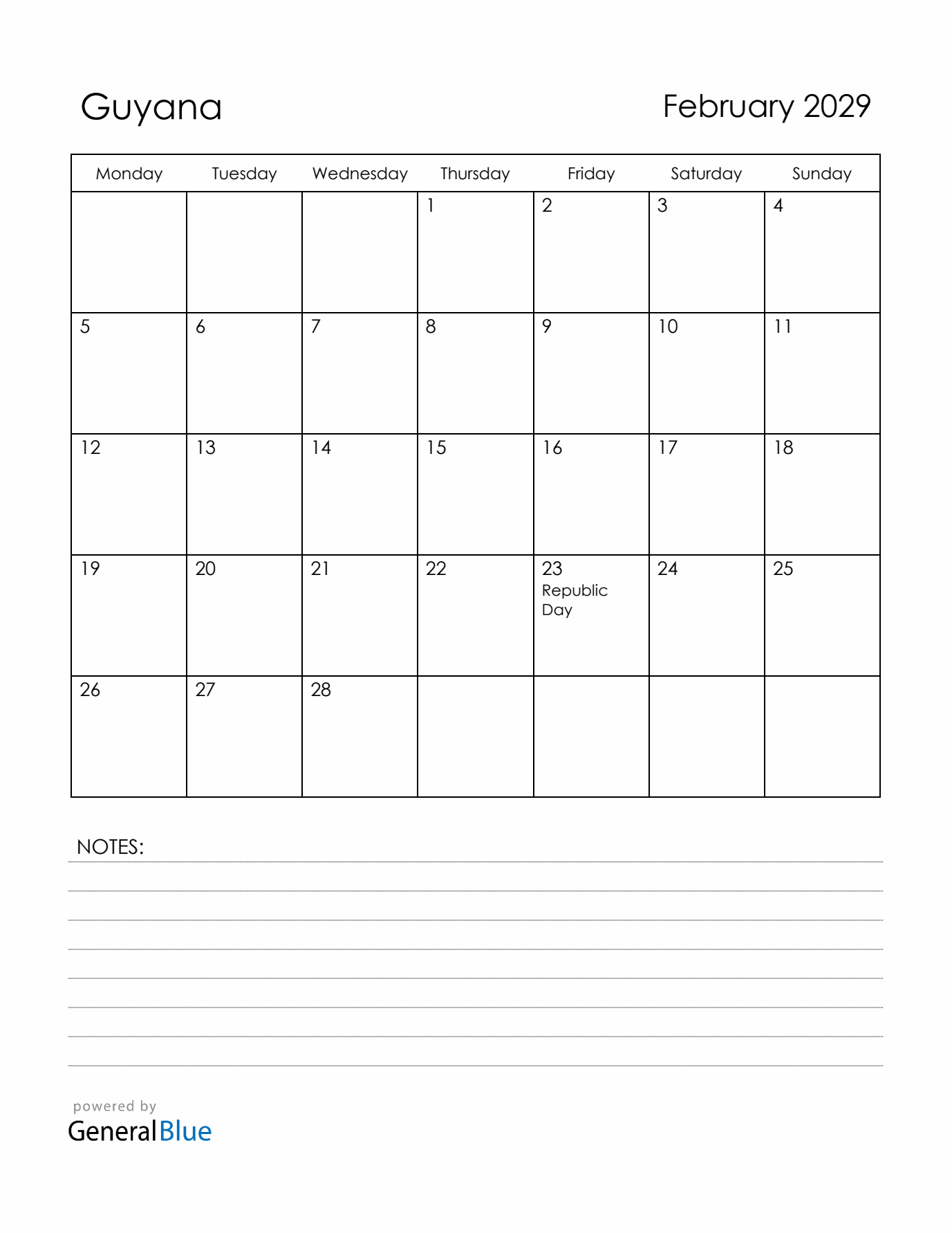 February 2029 Guyana Calendar with Holidays (Monday Start)