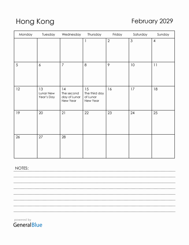 February 2029 Hong Kong Calendar with Holidays (Monday Start)