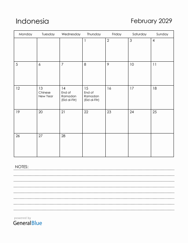 February 2029 Indonesia Calendar with Holidays (Monday Start)