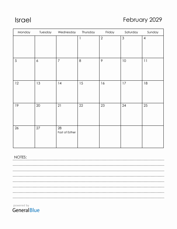 February 2029 Israel Calendar with Holidays (Monday Start)