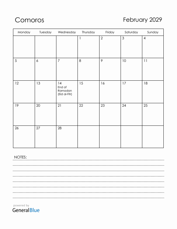 February 2029 Comoros Calendar with Holidays (Monday Start)