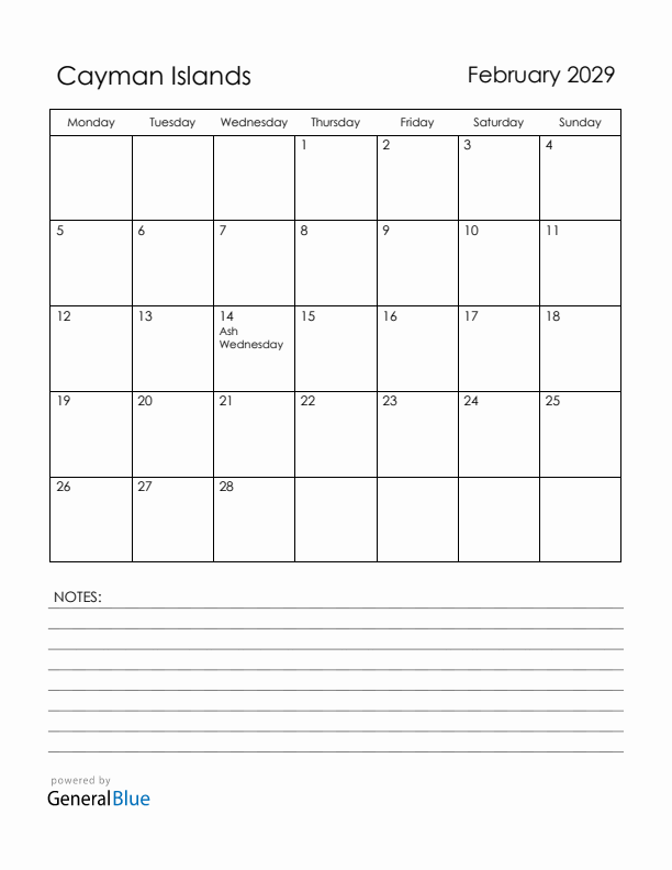 February 2029 Cayman Islands Calendar with Holidays (Monday Start)