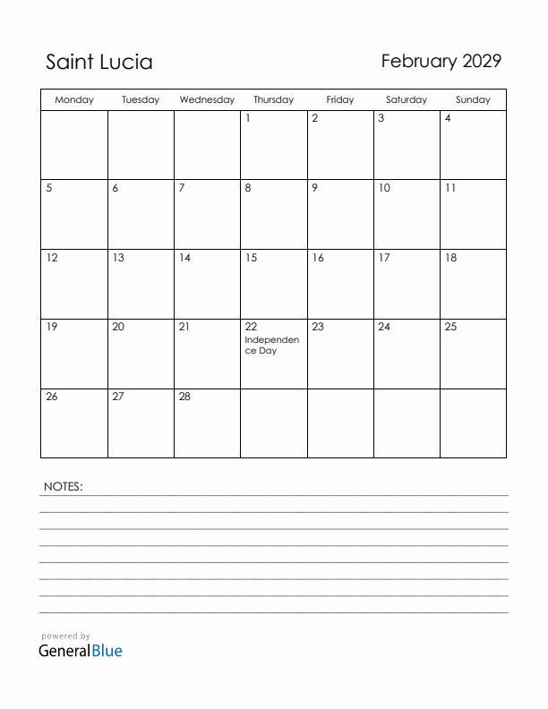 February 2029 Saint Lucia Calendar with Holidays (Monday Start)