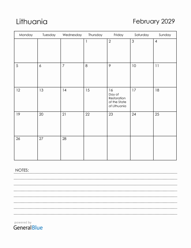 February 2029 Lithuania Calendar with Holidays (Monday Start)
