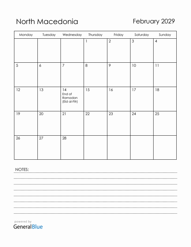 February 2029 North Macedonia Calendar with Holidays (Monday Start)