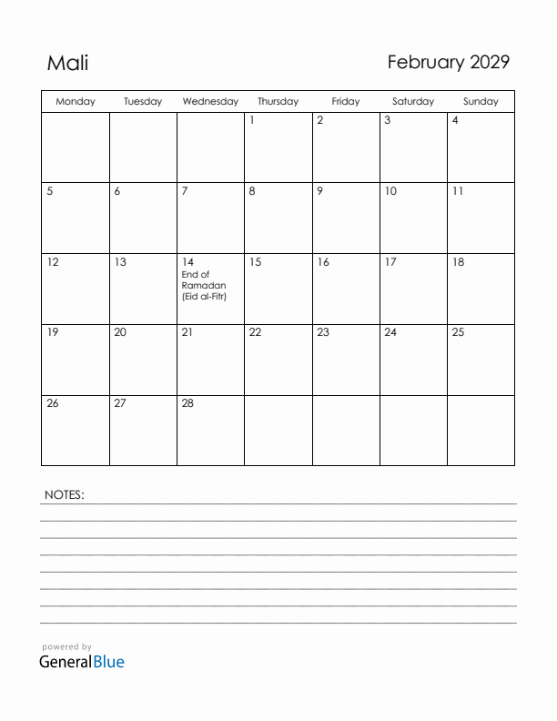 February 2029 Mali Calendar with Holidays (Monday Start)
