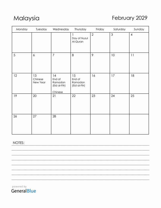 February 2029 Malaysia Calendar with Holidays (Monday Start)