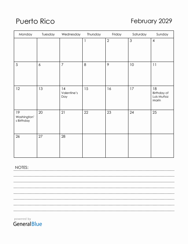 February 2029 Puerto Rico Calendar with Holidays (Monday Start)