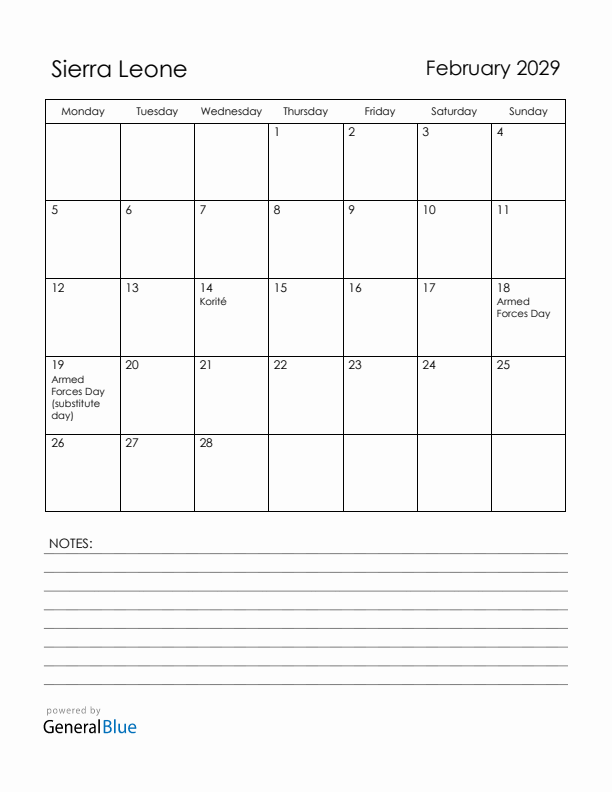 February 2029 Sierra Leone Calendar with Holidays (Monday Start)