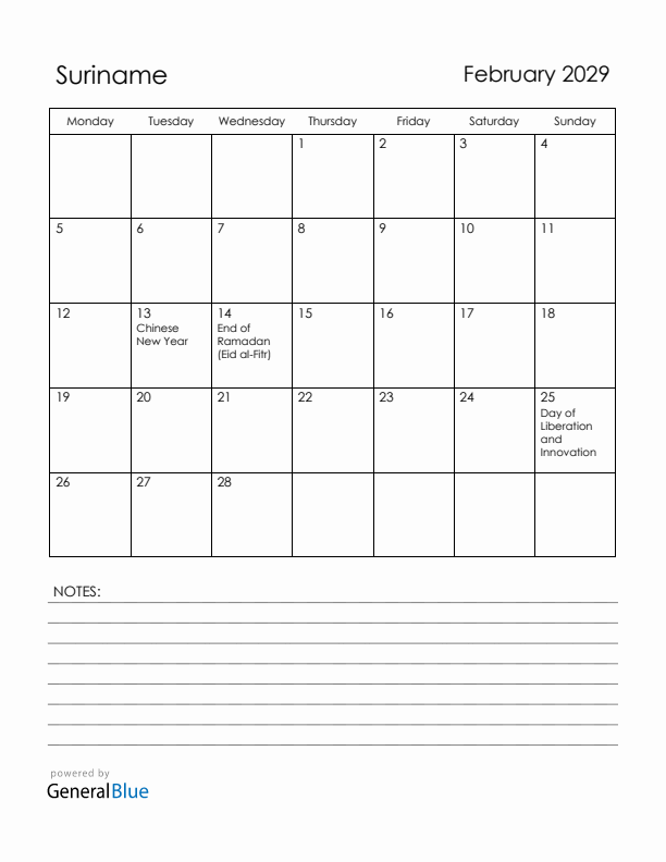 February 2029 Suriname Calendar with Holidays (Monday Start)