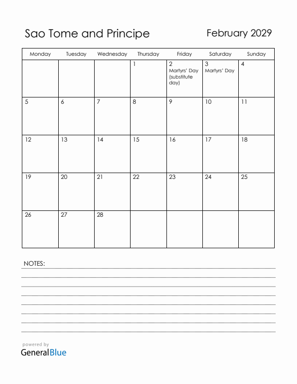 February 2029 Sao Tome and Principe Calendar with Holidays (Monday Start)