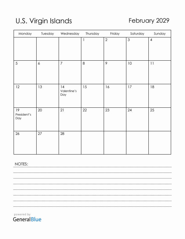 February 2029 U.S. Virgin Islands Calendar with Holidays (Monday Start)