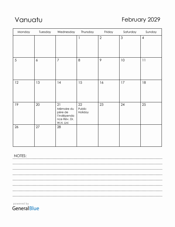 February 2029 Vanuatu Calendar with Holidays (Monday Start)