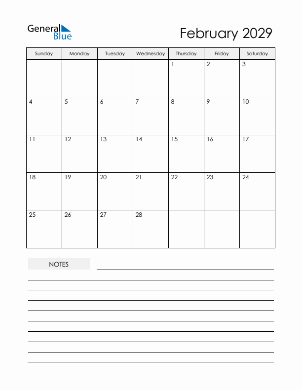 Printable Calendar with Notes - February 2029 