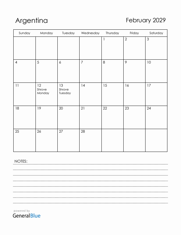 February 2029 Argentina Calendar with Holidays (Sunday Start)
