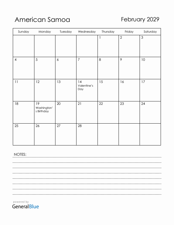 February 2029 American Samoa Calendar with Holidays (Sunday Start)
