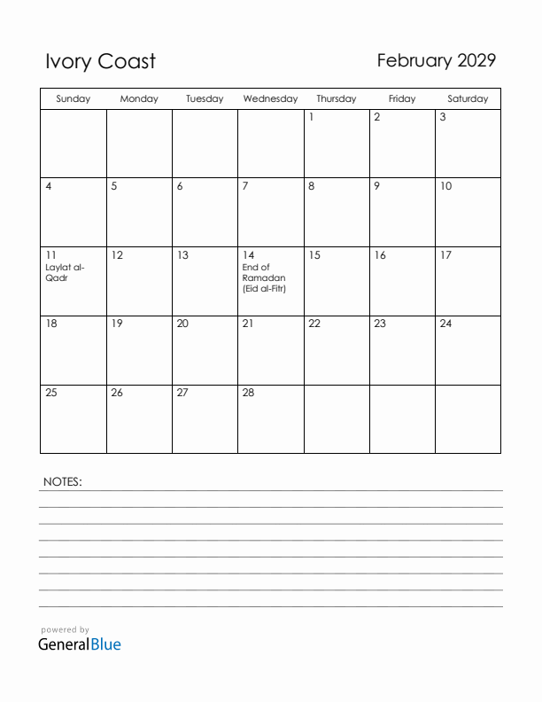 February 2029 Ivory Coast Calendar with Holidays (Sunday Start)