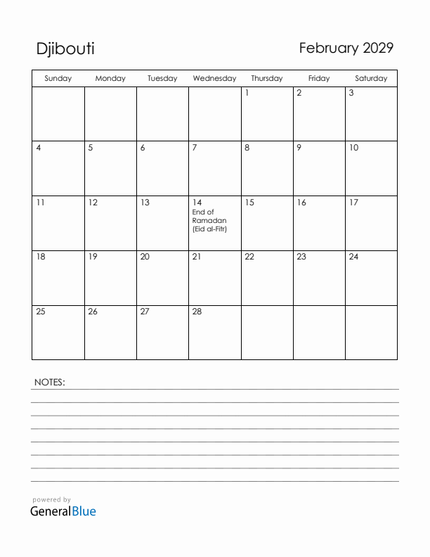 February 2029 Djibouti Calendar with Holidays (Sunday Start)
