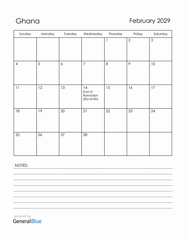 February 2029 Ghana Calendar with Holidays (Sunday Start)