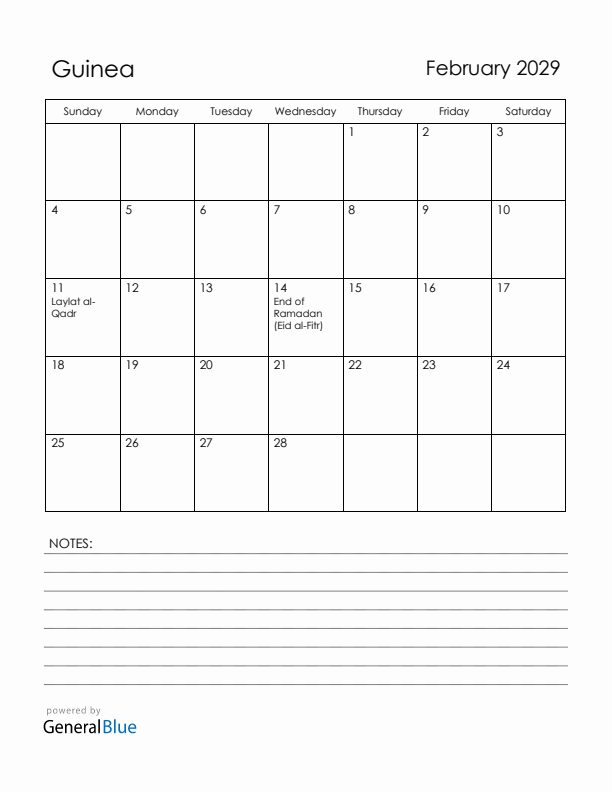 February 2029 Guinea Calendar with Holidays (Sunday Start)
