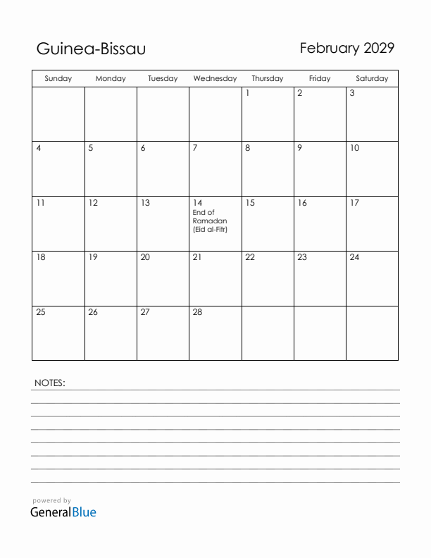 February 2029 Guinea-Bissau Calendar with Holidays (Sunday Start)