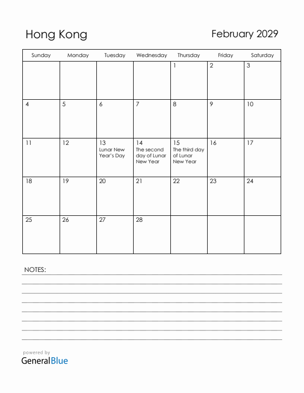 February 2029 Hong Kong Calendar with Holidays (Sunday Start)