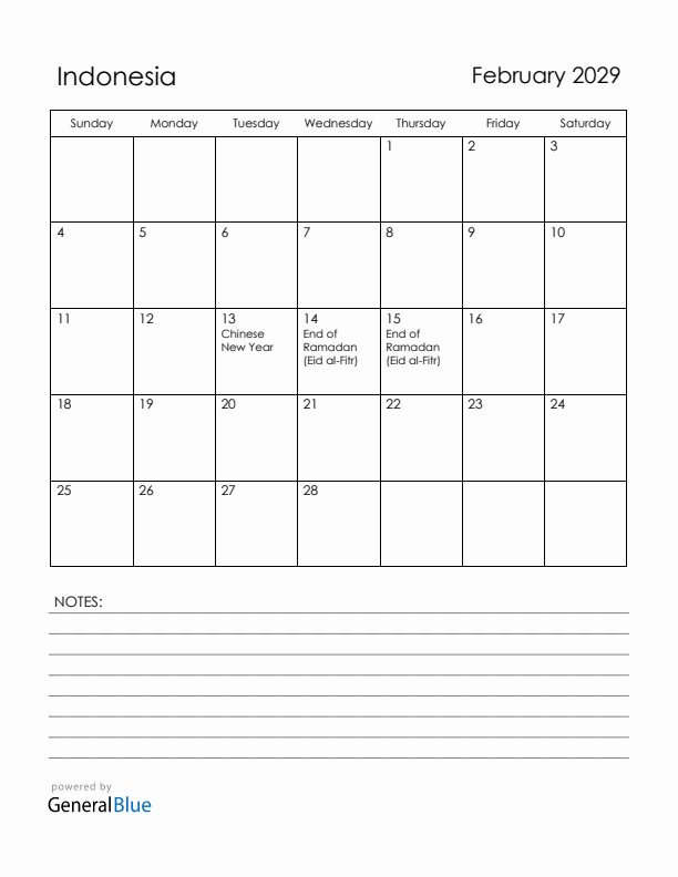February 2029 Indonesia Calendar with Holidays (Sunday Start)